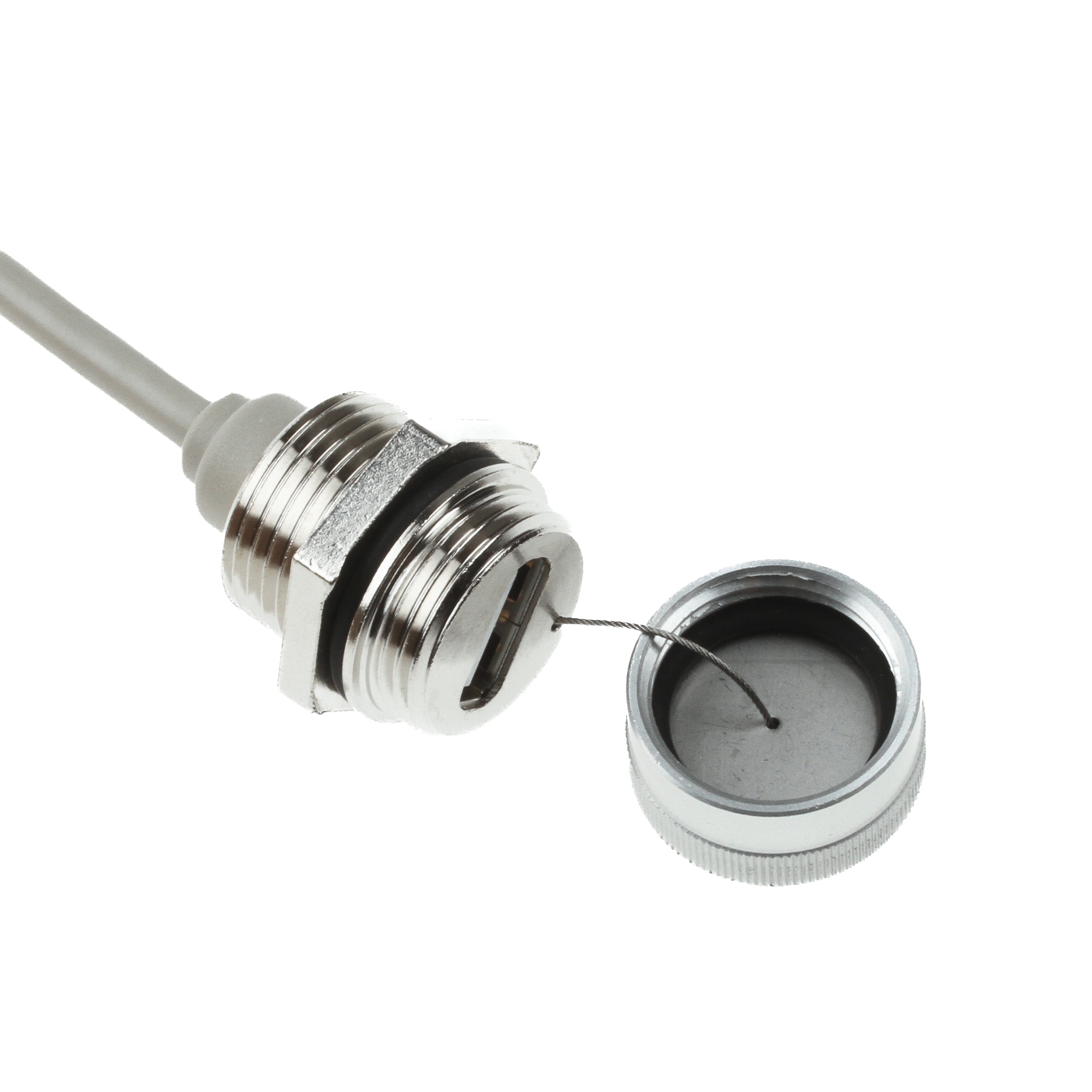 USB 2.0 Panel-Montagekabel A-Buchse mit Kappe IP67 auf A-Stecker, innenliegender Kappenhalter, 50cm
