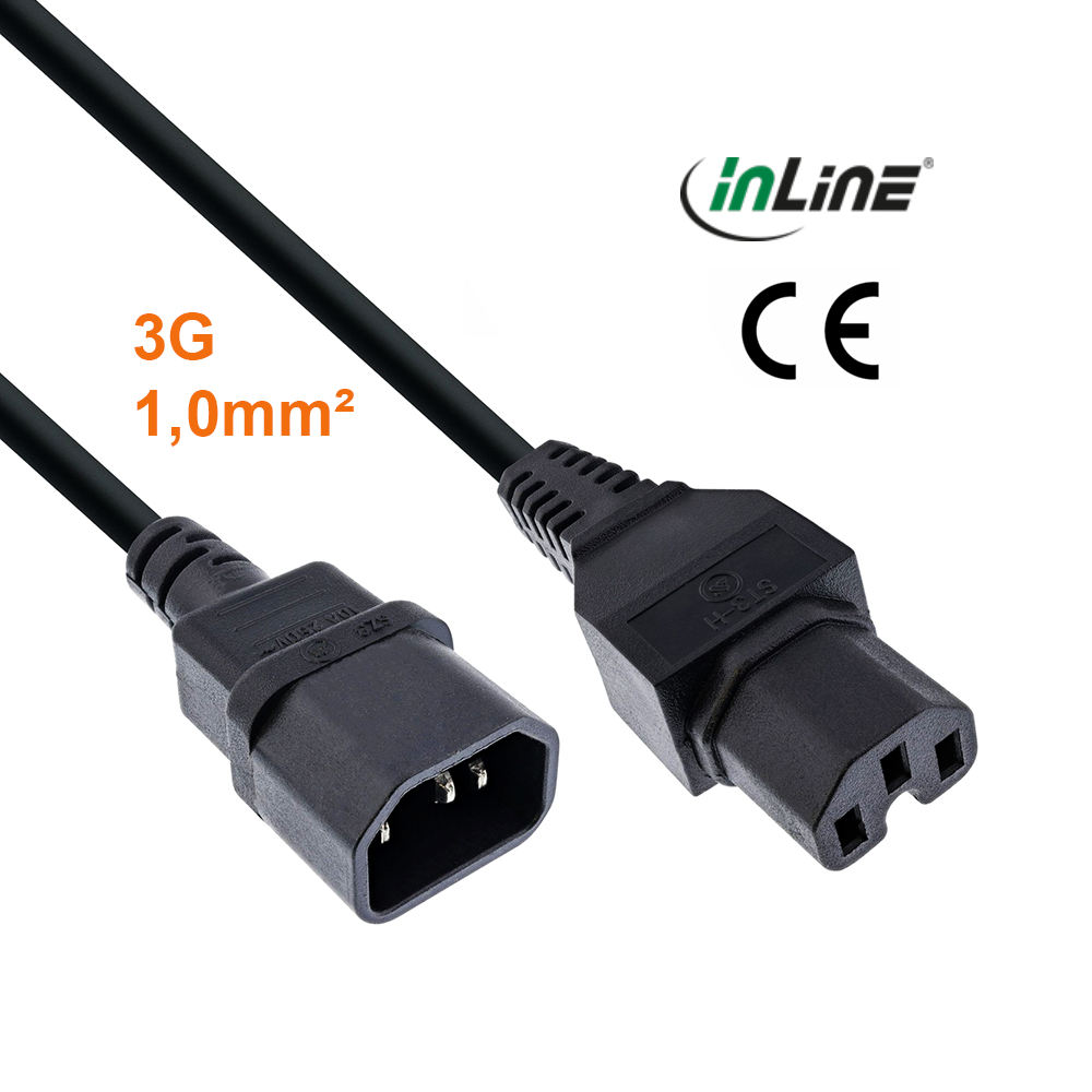 Netzkabelverlängerung C15 Warmgerätestecker auf C14, 3m