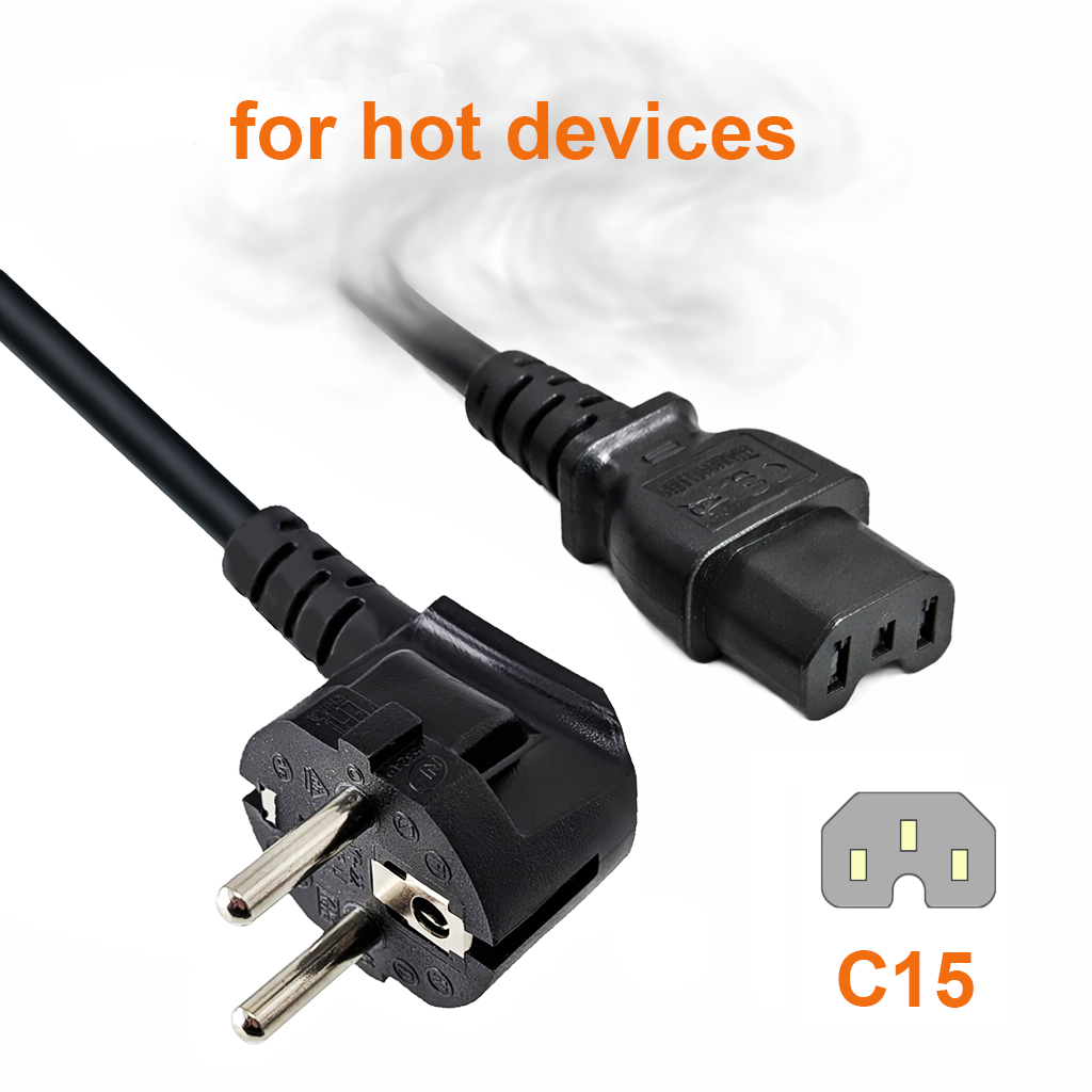 Warmgerätekabel Typ E/F (90°) auf IEC 60320 C15, 3×1,0 mm², 70cm