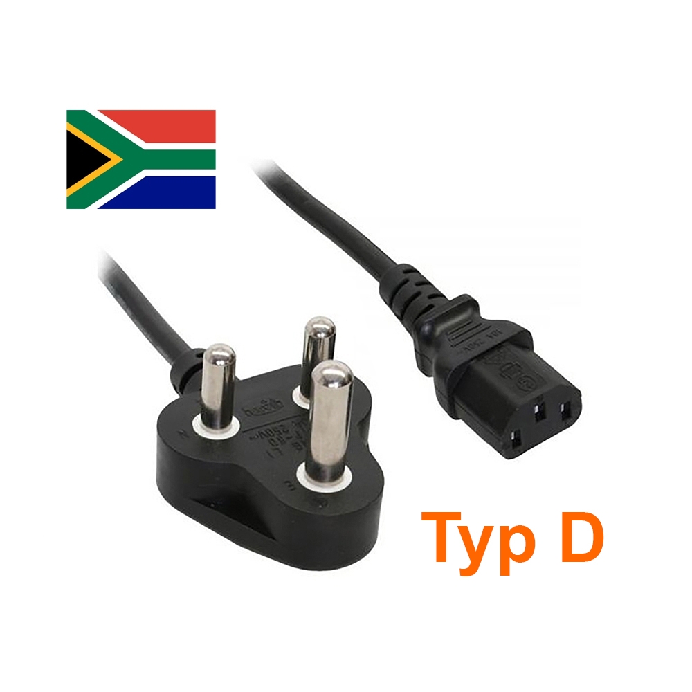 Kaltgerätekabel für SÜDAFRIKA, Stecker Typ D auf C13, 5A-Version