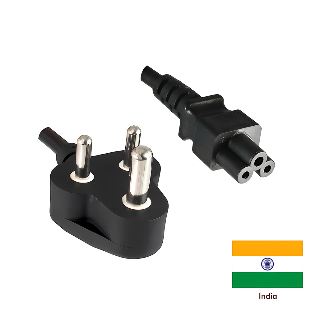 22f4483653c2553af03ac357a7a44dadb44cdac3 Stromkabel für INDIEN, Stecker Typ D auf C5, z.B. für Notebook-Netzteile
