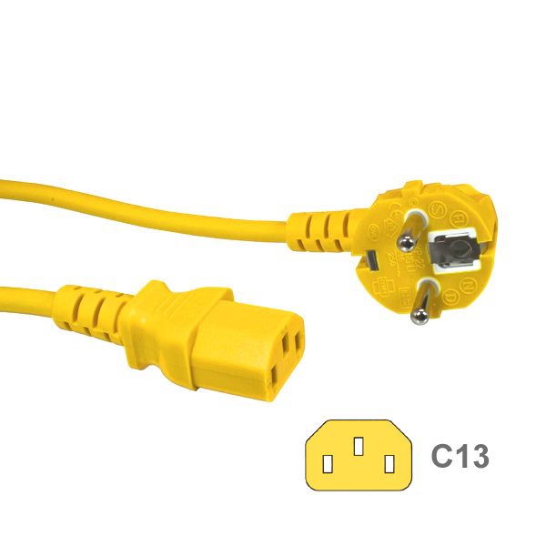Kaltgerätekabel GELB mit Schutzkontakt-Stecker CEE 7/7 90°-WINKEL an C13 - 5m Kaltgerätekabel GELB mit Schutzkontakt-Stecker CEE 7/7 90°-WINKEL an C13 - 5m