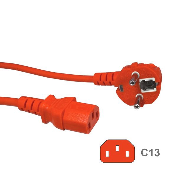 Kaltgerätekabel ROT mit Schutzkontakt-Stecker CEE 7/7 90°-WINKEL an C13 - 5m