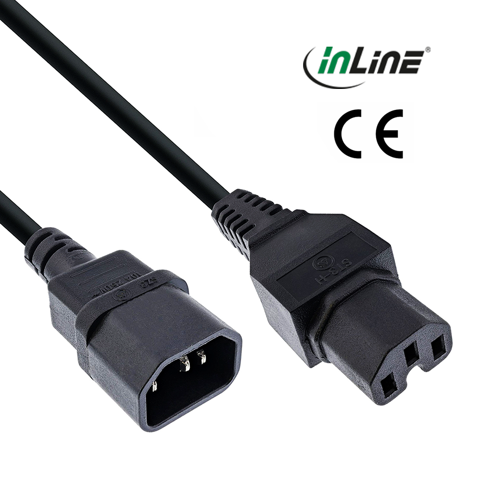 Netzkabelverlängerung C15 Warmgerätestecker auf C14, 2m