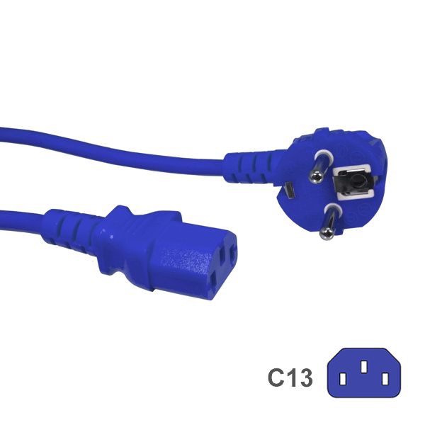 Kaltgerätekabel BLAU mit Stecker CEE 7/7 90°-WINKEL an C13, 180cm Kaltgerätekabel BLAU mit Stecker CEE 7/7 90°-WINKEL an C13, 180cm