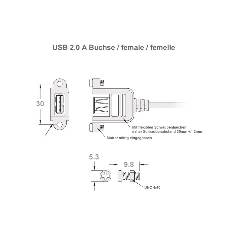USB 2.0 Kabel A-Buchse anschraubbar an JST PHR5, ca. 40cm