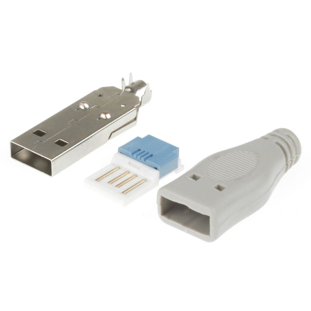 USB 2.0 Stecker Typ A mit grau-beiger Posthaube, zum Krimpen