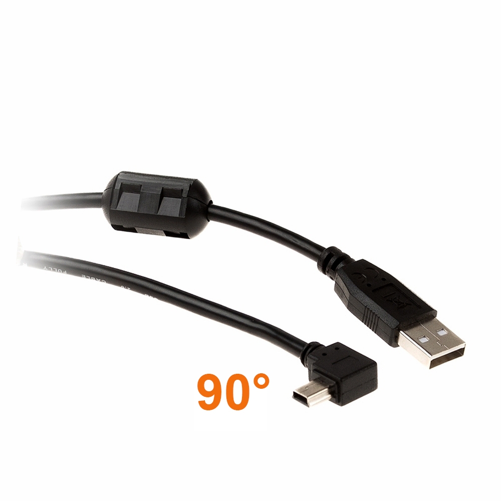 Abgewinkeltes MINI-USB-Kabel: USB A auf Mini B WINKEL RECHTS 2m mit Ferritkern
