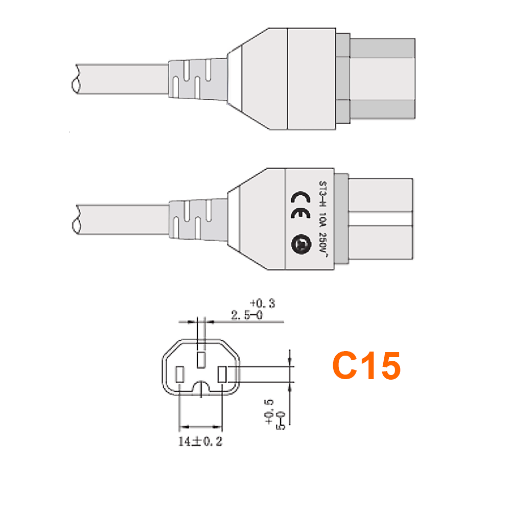Netzkabelverlängerung C15 Warmgerätestecker auf C14, 1m
