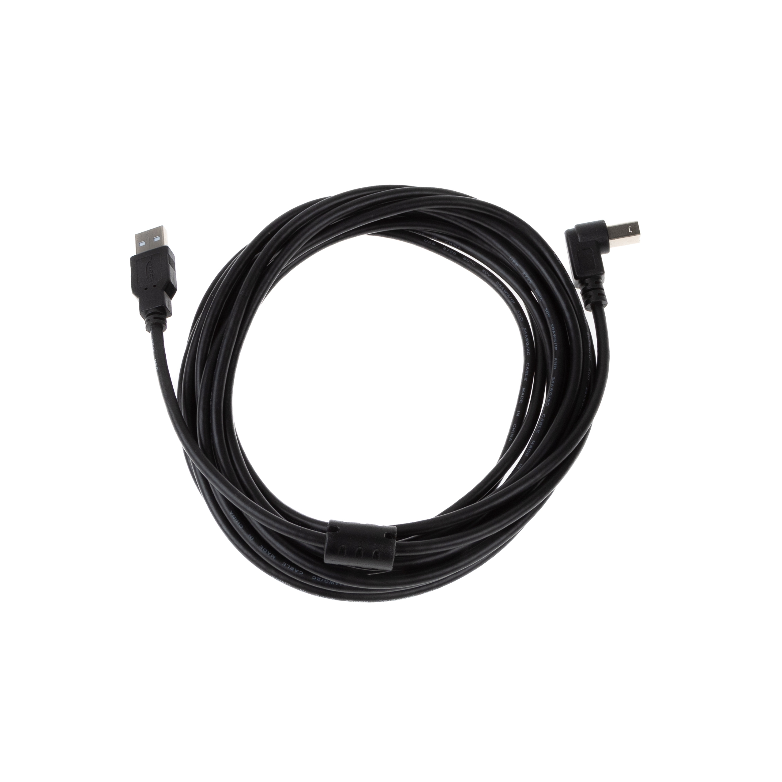 USB 2.0 Kabel mit B-Winkelstecker (90° NACH UNTEN) und Ferritkern 5m