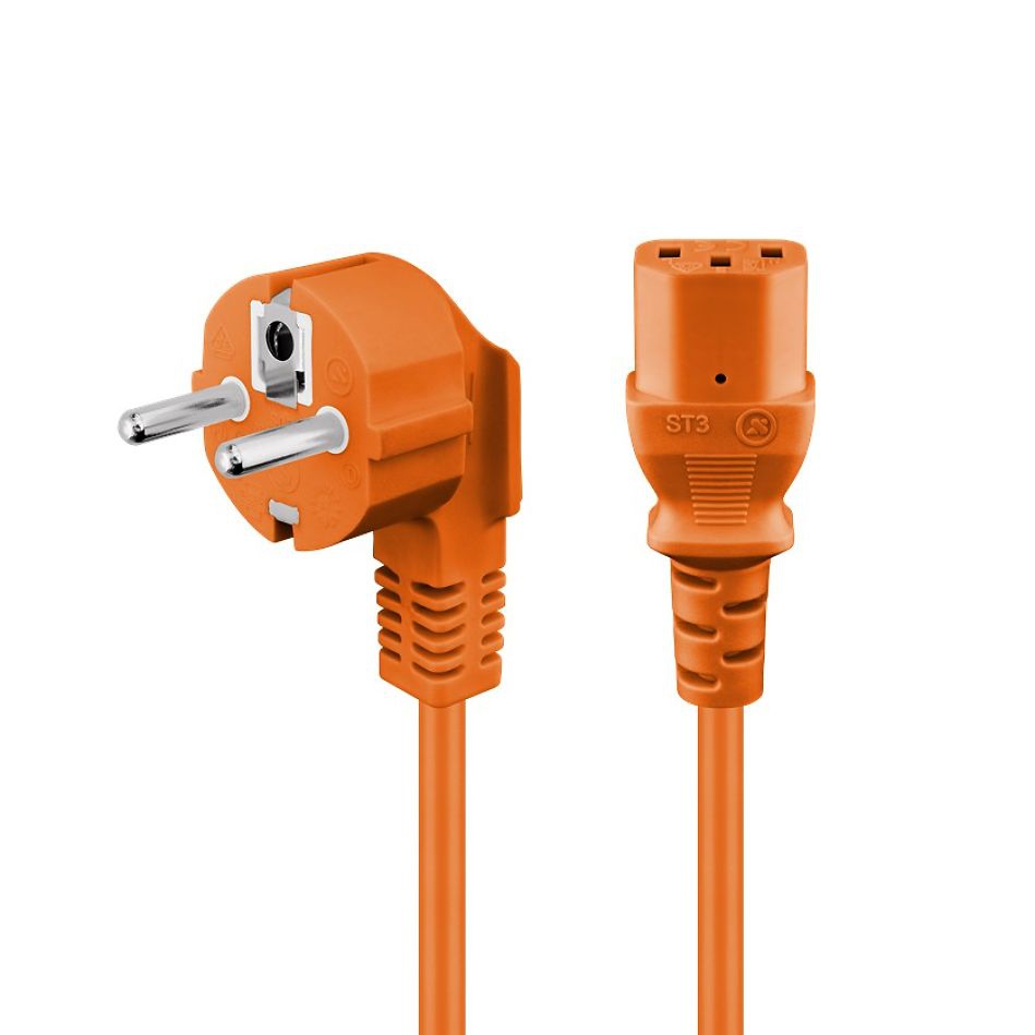 Kaltgerätekabel ORANGE mit Schutzkontakt-Stecker CEE 7/7 90°-WINKEL an C13 5m Kaltgerätekabel ORANGE mit Schutzkontakt-Stecker CEE 7/7 90°-WINKEL an C13 5m