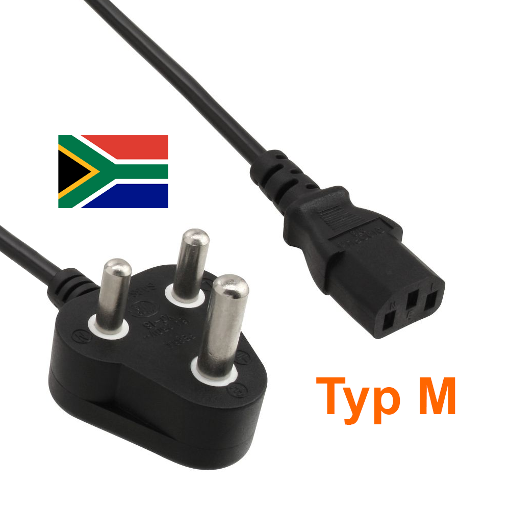 Kaltgerätekabel für SÜDAFRIKA, Stecker Typ M auf C13
