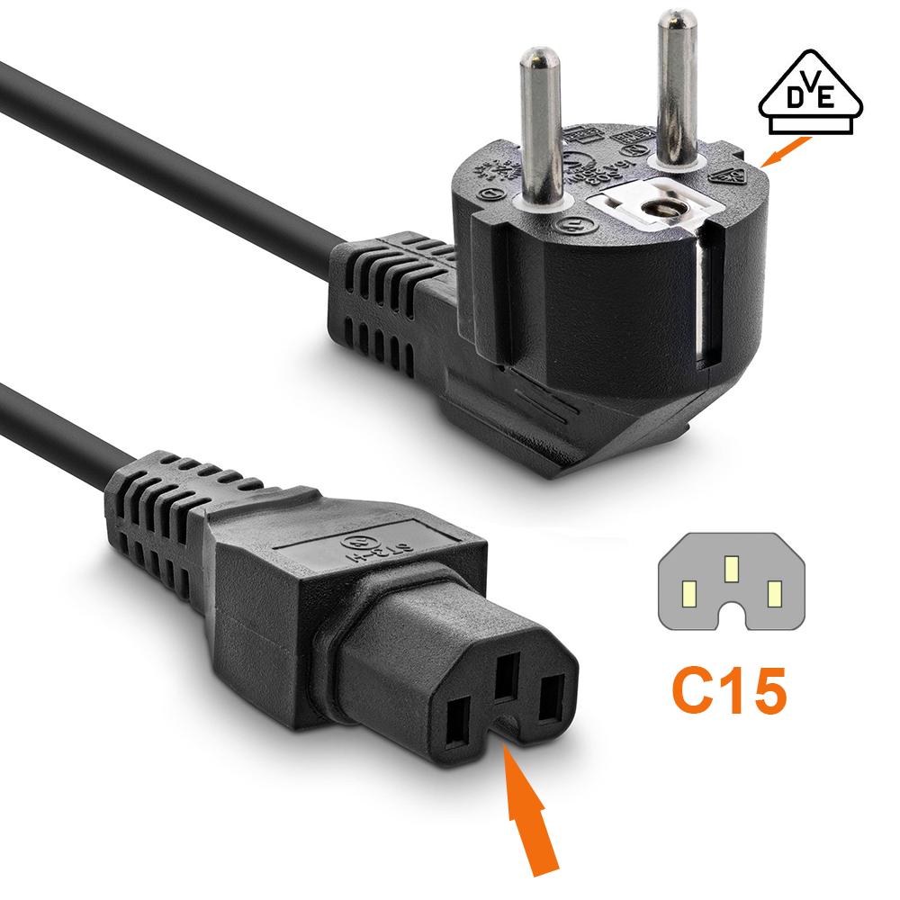 Warmgerätekabel Typ E/F (90°) auf IEC 60320 C15, 3×1,0 mm², 5m
