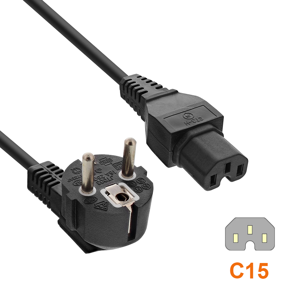 Warmgerätekabel Typ E/F (90°) auf IEC 60320 C15, 3×1,0 mm², 1m