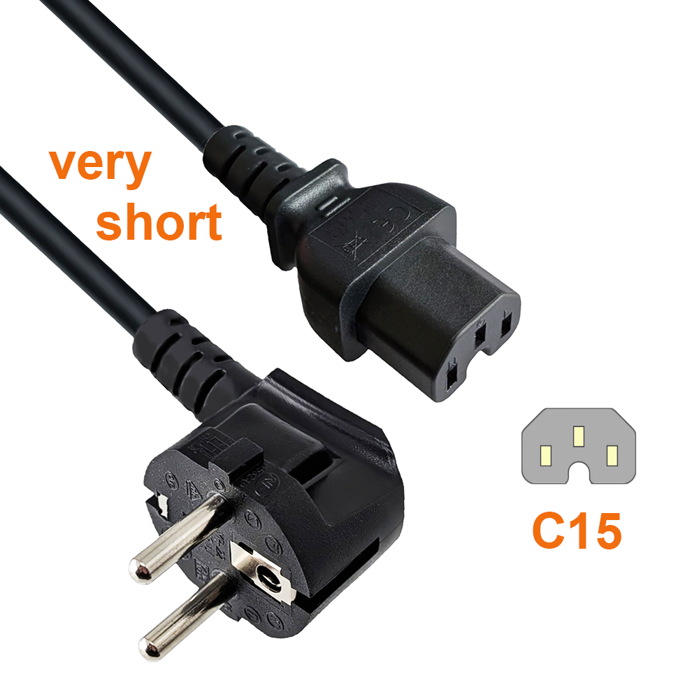 Warmgerätekabel Typ E/F (90°) auf IEC 60320 C15, 3×1,0 mm², 70cm