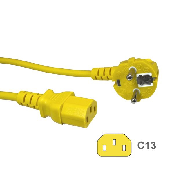 Kaltgerätekabel GELB mit Stecker CEE 7/7 90°-WINKEL an C13, 180cm
