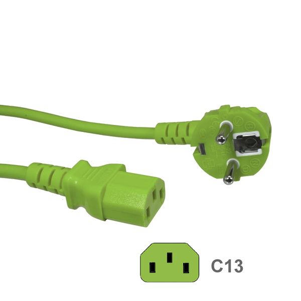 Kaltgerätekabel GRÜN mit Schutzkontakt-Stecker CEE 7/7 90°-WINKEL an C13 - 5m