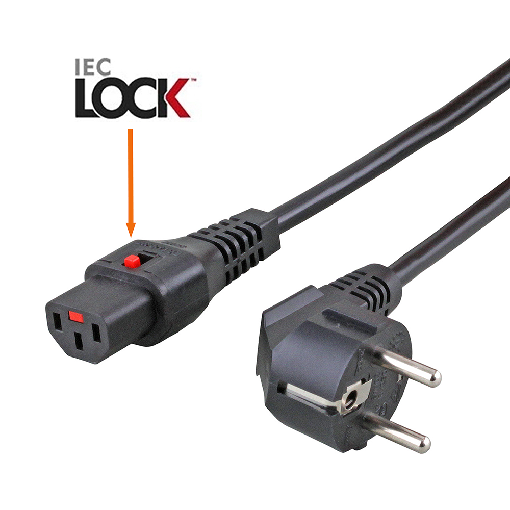 Kaltgerätekabel mit Stecker CEE 7/7 E+F 90° an C13 VERRIEGELBAR IEC-LOCK, 2m