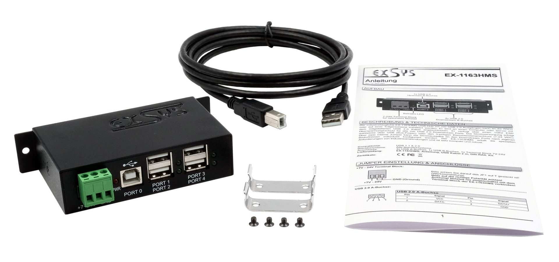 4-Port USB 2.0 Metall-HUB mit 15KV ESD Überspannungsschutz DIN-RAIL EXSYS