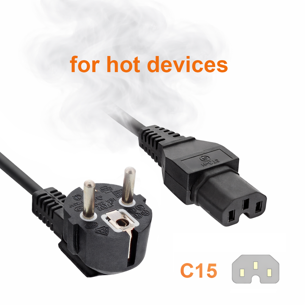 Warmgerätekabel Typ E/F (90°) auf IEC 60320 C15, 3×1,0 mm², 1m