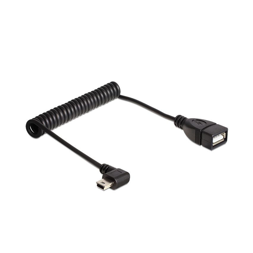 USB-Spiralkabel Mini-B 90° nach LINKS gewinkelt an A-Buchse 28-55cm (OTG) USB-Spiralkabel Mini-B 90° nach LINKS gewinkelt an A-Buchse 28-55cm (OTG)