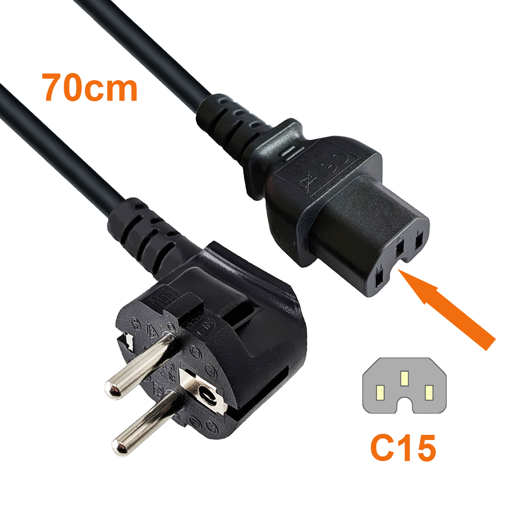 Warmgerätekabel Typ E/F (90°) auf IEC 60320 C15, 3×1,0 mm², 70cm