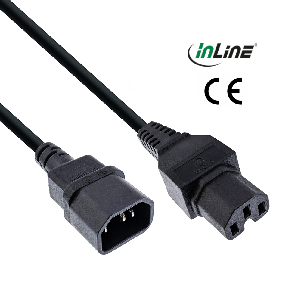 Netzkabelverlängerung C15 Warmgerätestecker auf C14, 1m